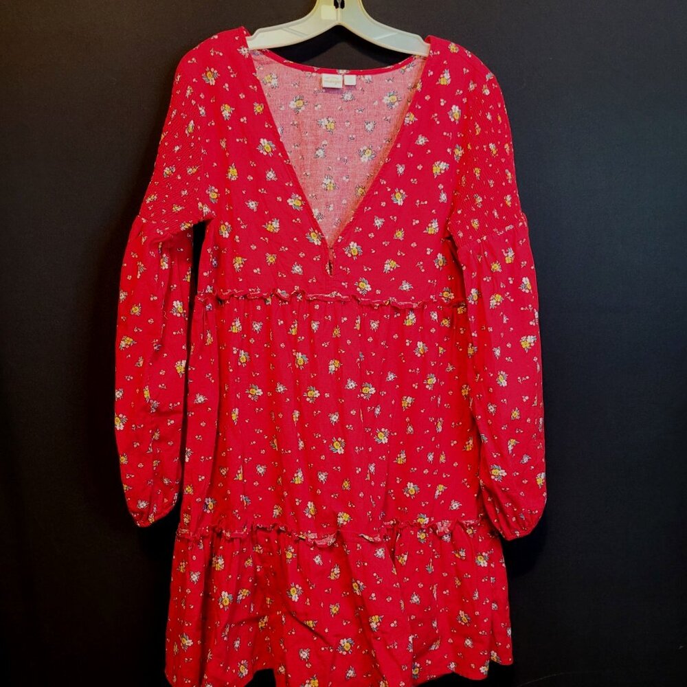 Wrangler X Billabong Dress Short Red Large Ruffle Deep V Neck Long Sleeve